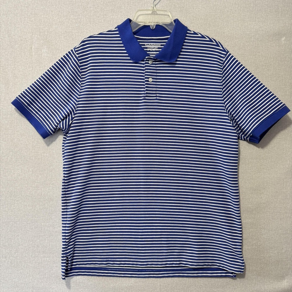 Saddlebred Polo Shirt Mens Large Blue White‎ Striped Comfort Flex Cotton Blend